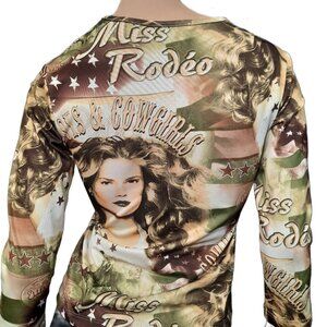 Vintage 90s Y2K Rodeo Cowboy Cowgirl Top All Over Print Womens M V Neck